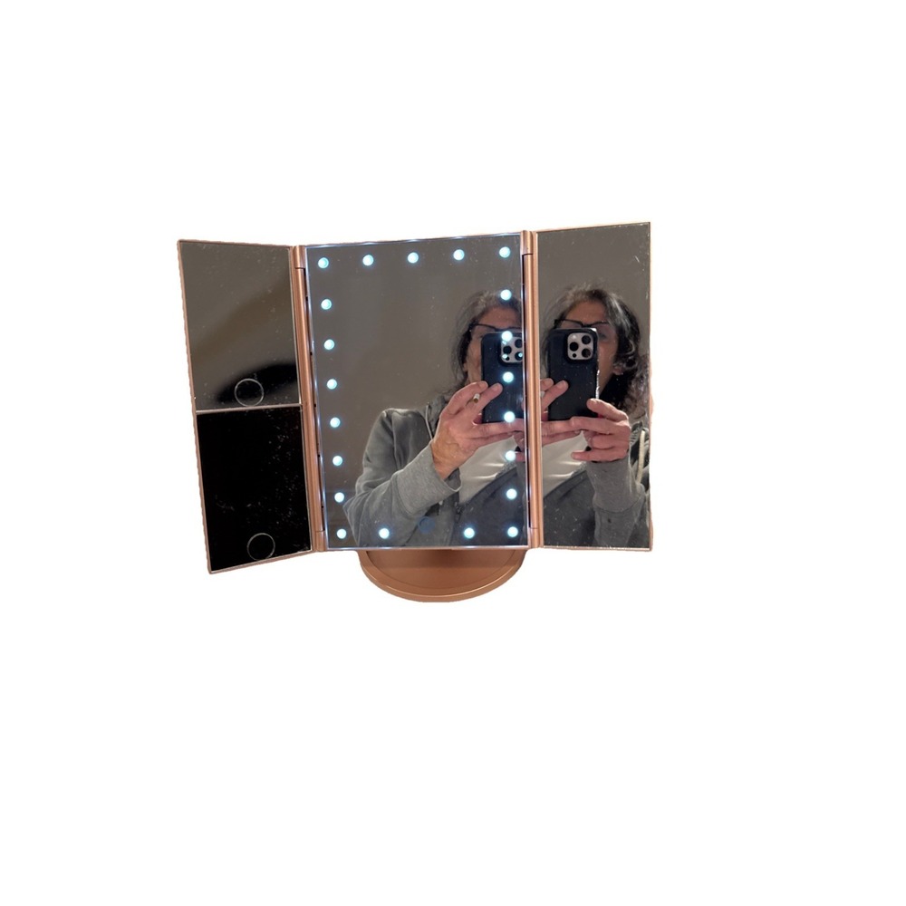 Tri-Fold Rose Gold Lighted Vanity Mirror, 21 LED Lights Touch Light Magnifying